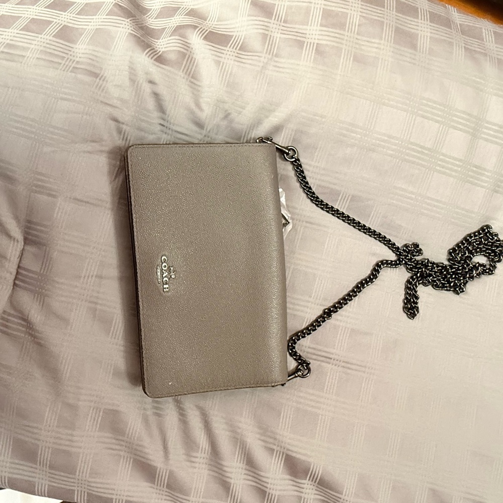 Coach Pebbled Leather Crossbody in Taupe Gray with Gunmetal Chain